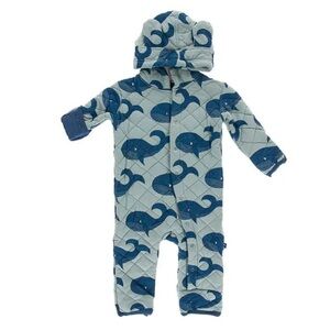 Kickee Pants - Bamboo Quilted Hoodie Coverall - Bunting - Whales - 3M-6M